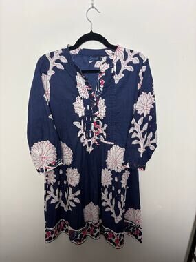 La Plage Navy Floral Cotton Tunic Dress Cover-Up XS Beach Resort Boho